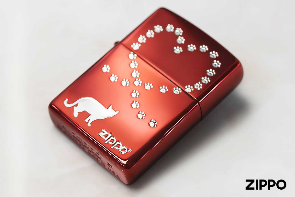 Zippo ジッポー 猫 ネコ ハート 足跡 シルエット Love Cat レッド NKQ-IR