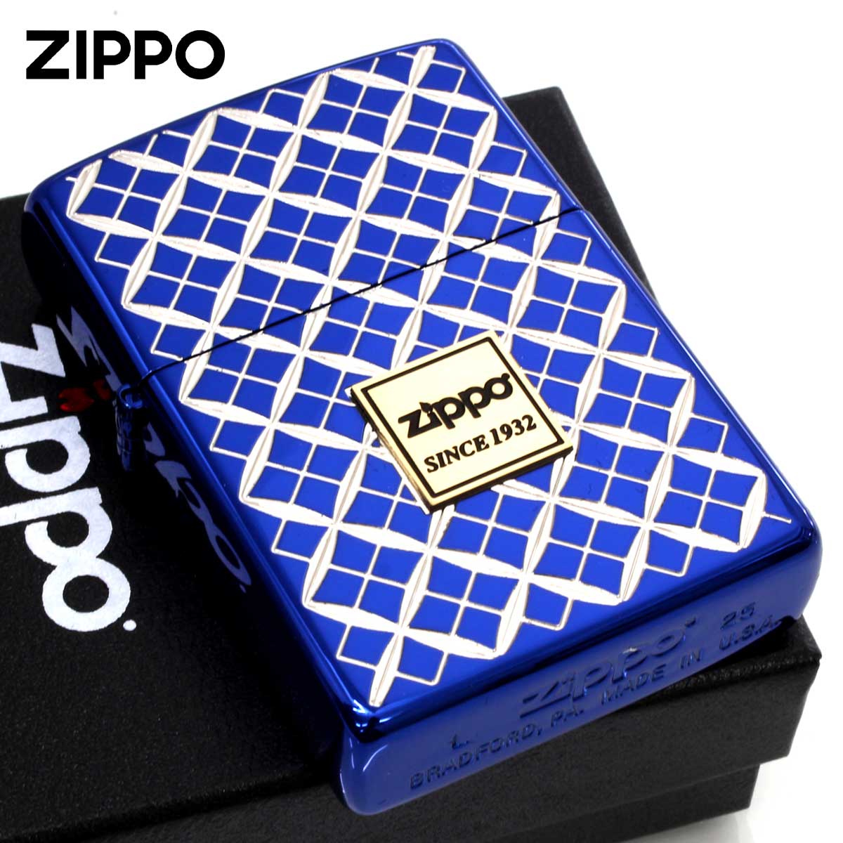 Zippo ジッポー #200B 切子柄 七宝 吉祥文様 ZIPPO LOGO エンブレム貼り ブルー 7HEM_IBL