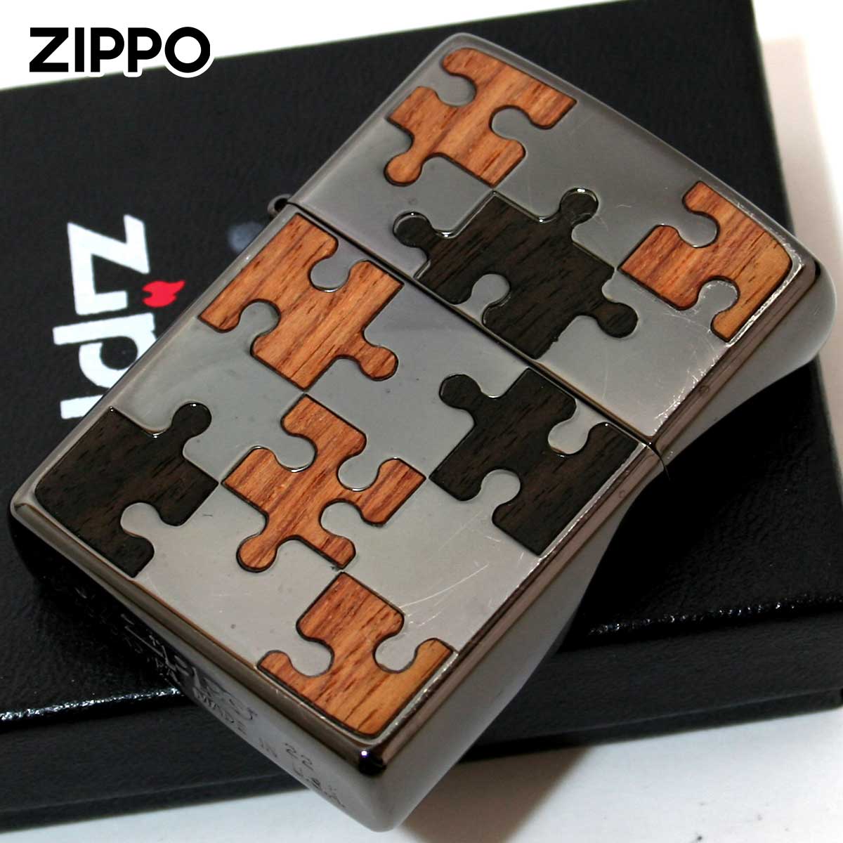 Zippo ジッポー ウッドパズル 木 インレイ 象嵌 両面加工 ブラック BK 1201S242