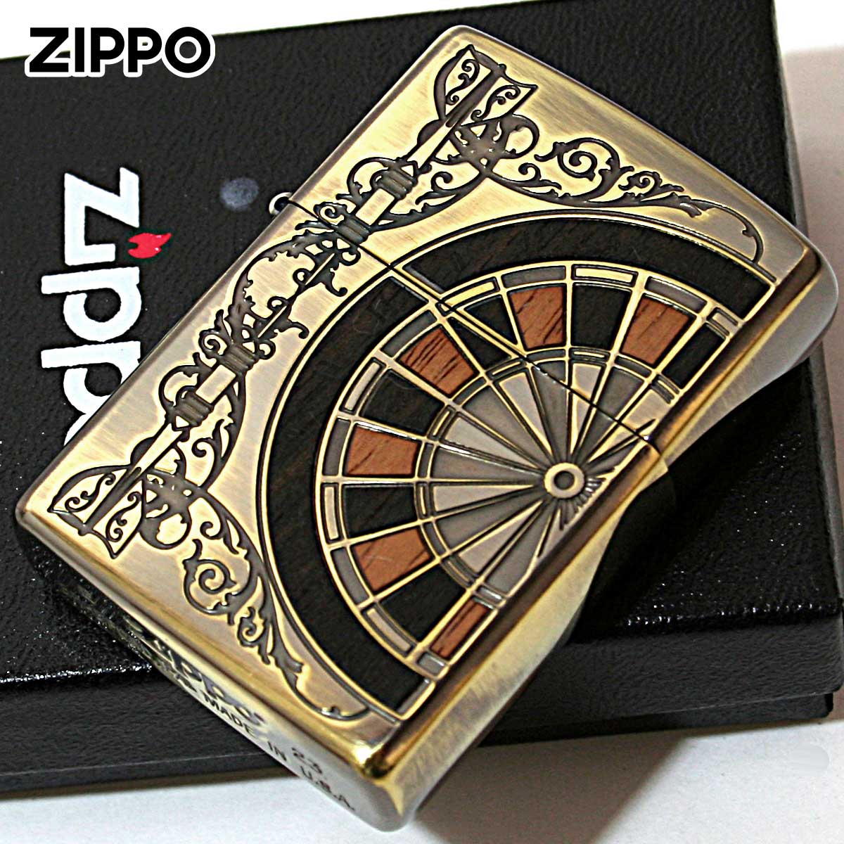 Zippo ジッポー ダーツ アンテーク 木 ウッド インレイ 象嵌 両面加工 ブラス BS 1201S415