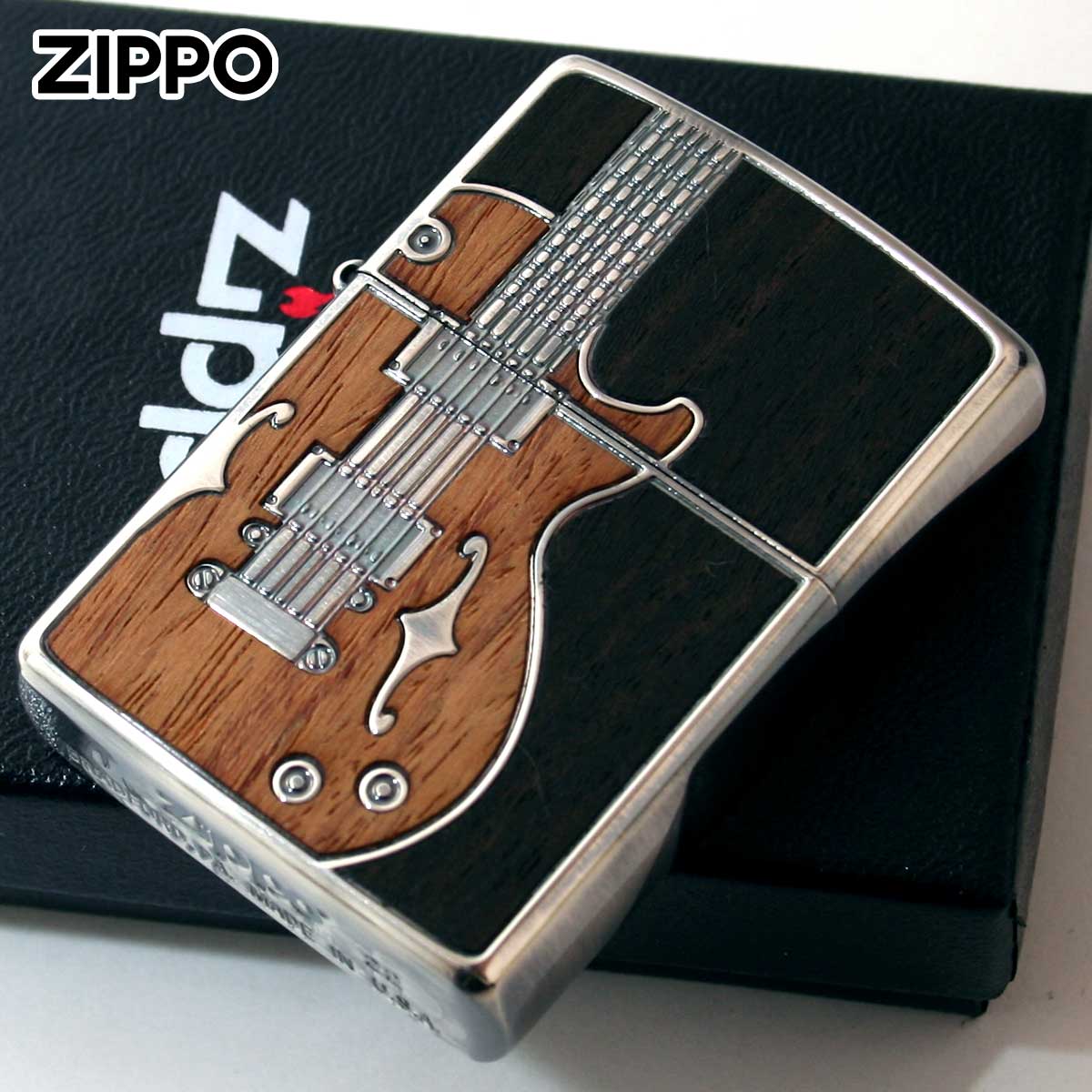Zippo ジッポー ギター アンテーク 木 ウッド インレイ 象嵌 両面加工 シルバー SV 1201S442