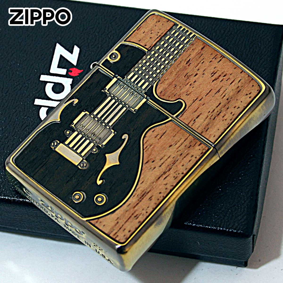 Zippo ジッポー ギター アンテーク 木 ウッド インレイ 象嵌 両面加工 ブラス BS 1201S443 メール便可