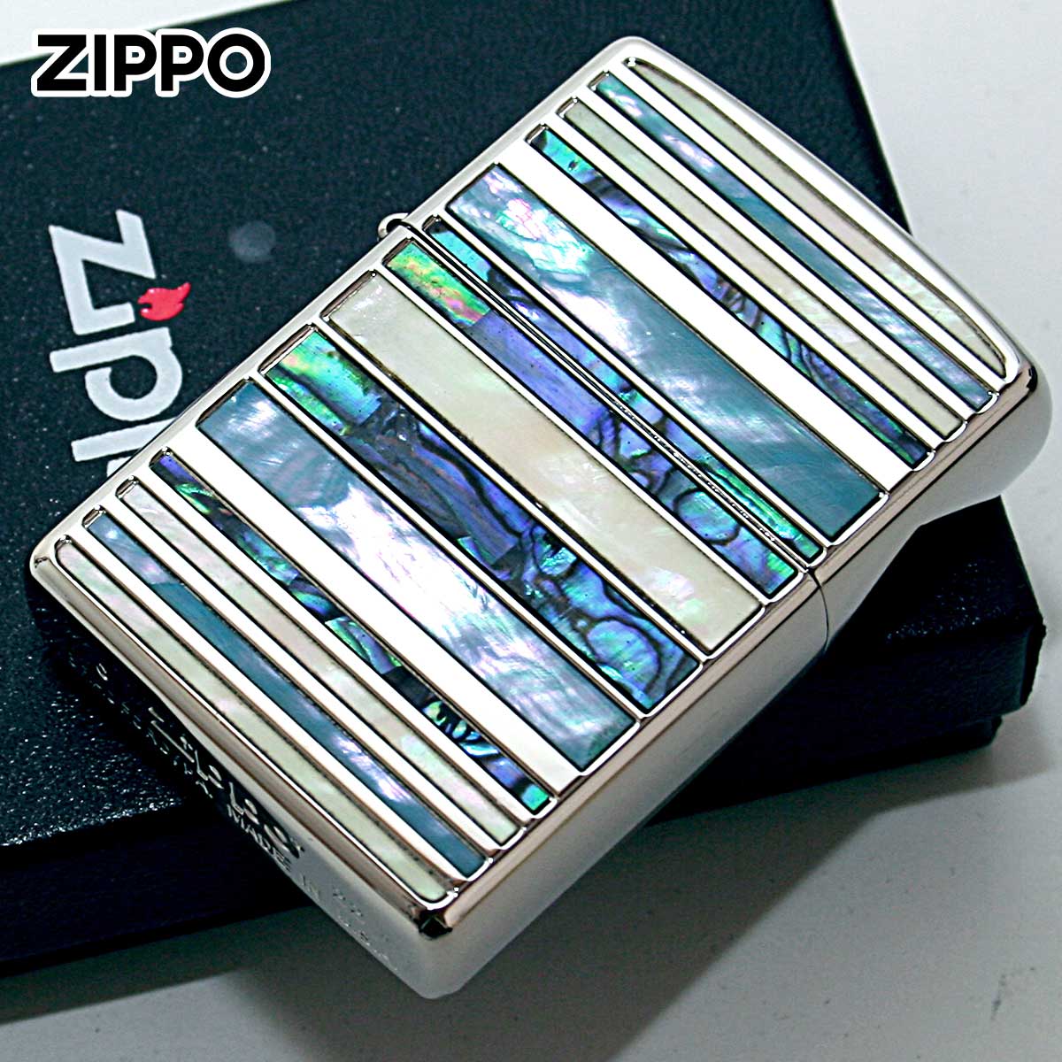 Zippo ジッポー シェル 貝 インレイ 象嵌 ボーダー シルバー SHELL BORDER SV 1201S833
