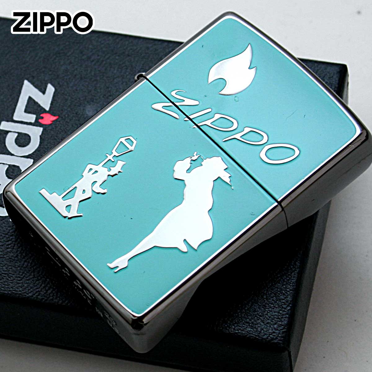 Zippo ジッポー ウインディ ドランク 炎 アイコンフレーム クラッシックロゴ ブラック ターコイズ Classic Logos BK TBL 1201S853