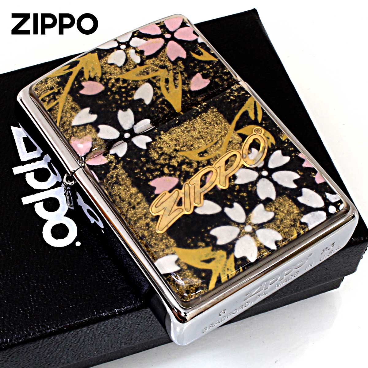 Zippo ジッポー 友禅和紙 伝統 和柄 ジッポ ロゴ 桜 黒 1201S916 メール便可
