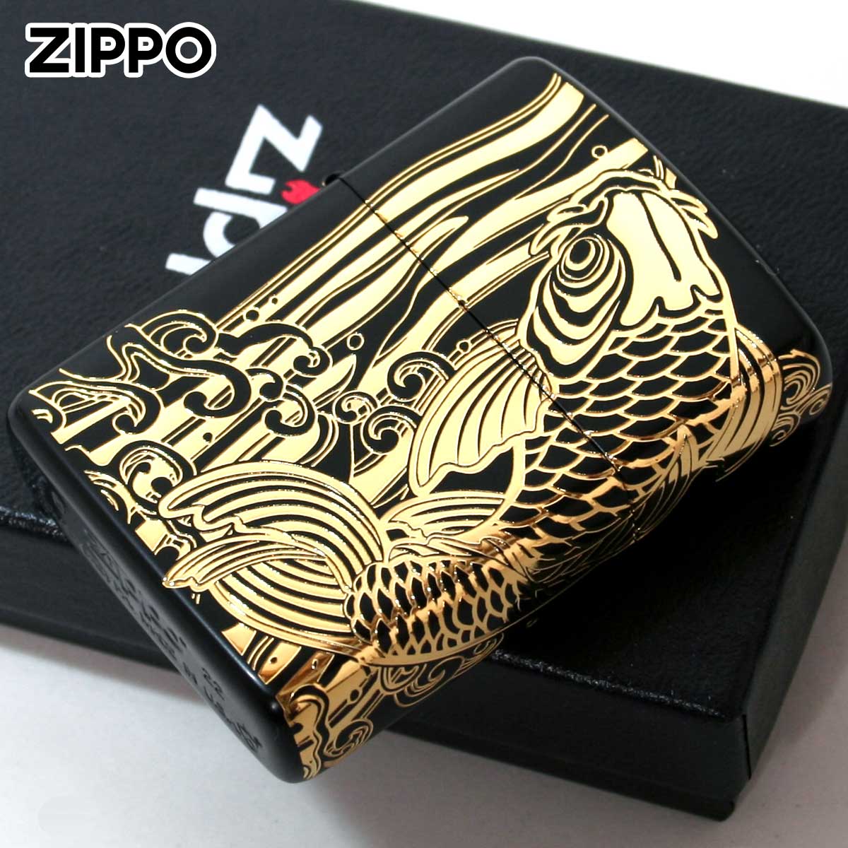 Zippo ジッポー アーマー 鯉 カープ 昇鯉 ブラックマット 金差し ARMOR Black Matte Gold Plate Inlay BM-G