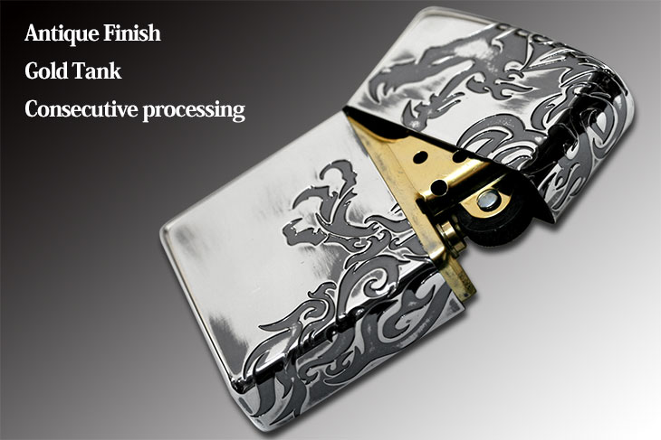 Zippo ジッポー ドラゴン 龍 アンテーク シルバー 3面連続加工 ストリーム ドラゴン ゴールドタンク Stream Dragon B メール便可
