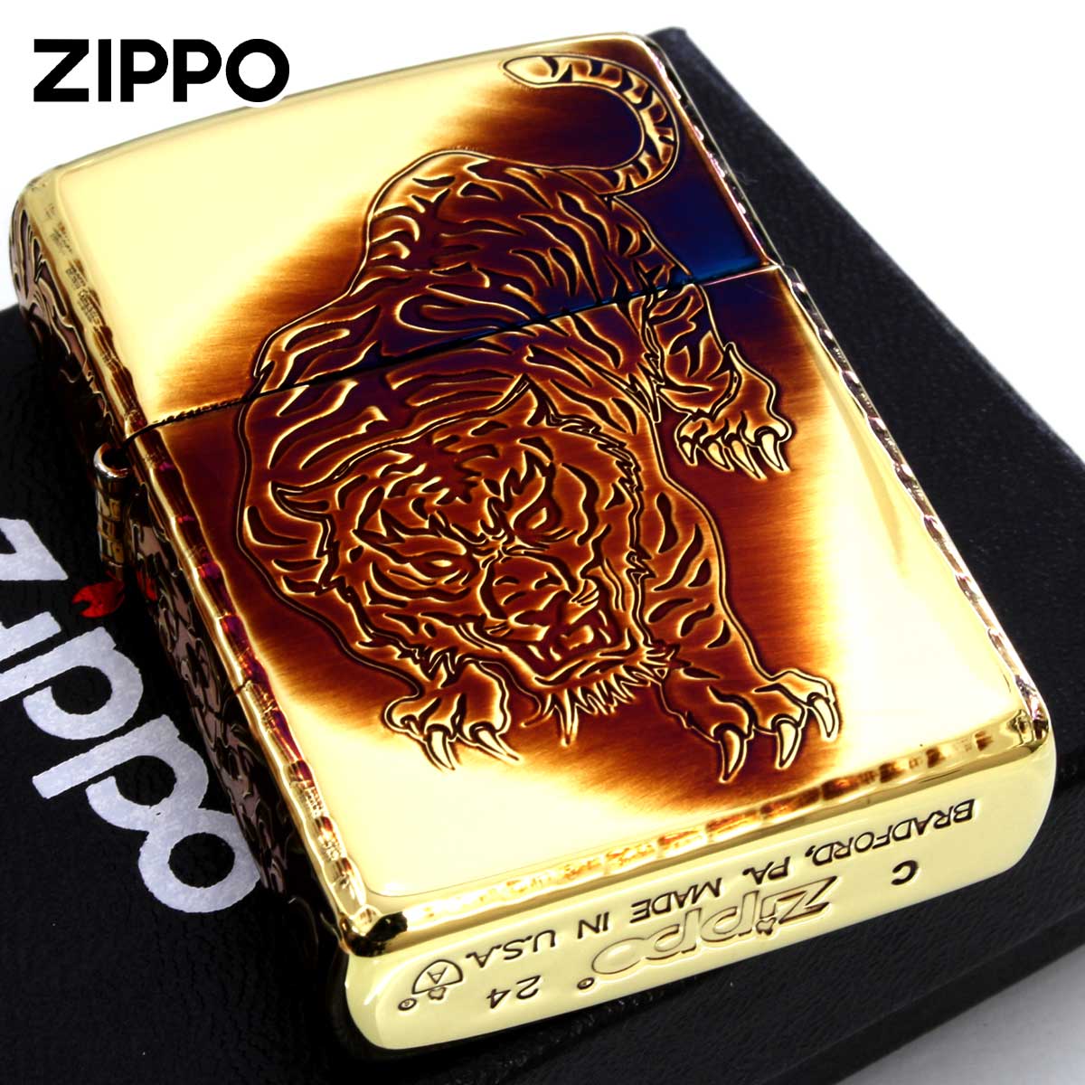 Zippo ジッポー アーマー 鯉 タイガー 虎 唐草 アラベスク ARMOR 5面デザイン ブラスいぶし ゴールドタンク 虎