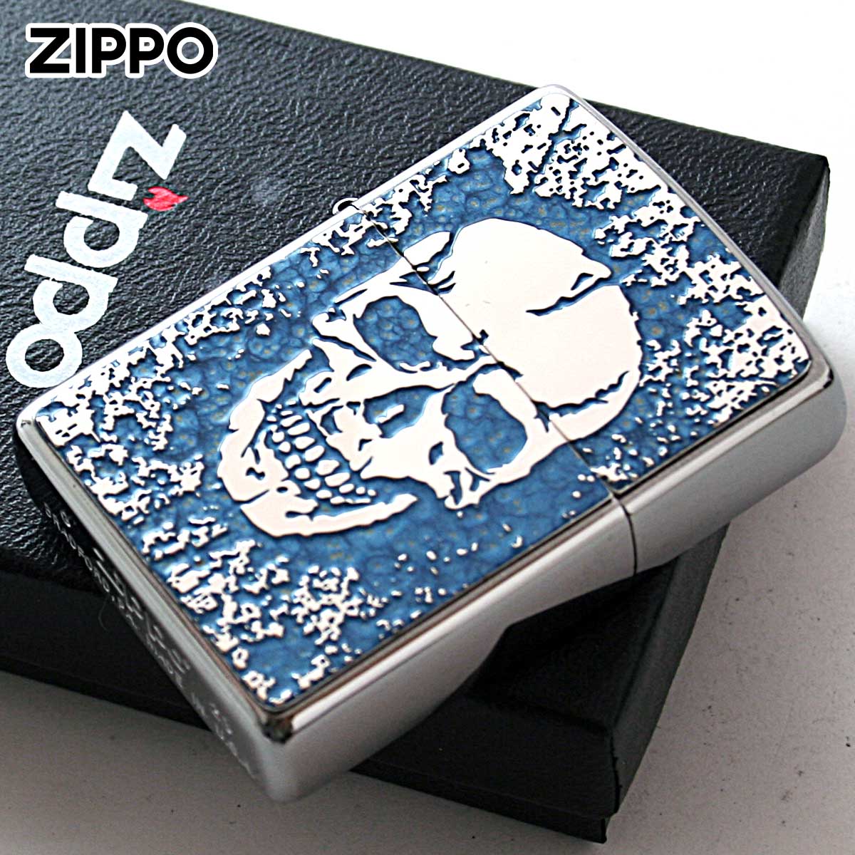Zippo ジッポー スカル ドクロ 骸骨 Skull ブルー #200 メタルプレート 両面加工 ブラッシュドクローム 2MPP-Skull BL メール便可