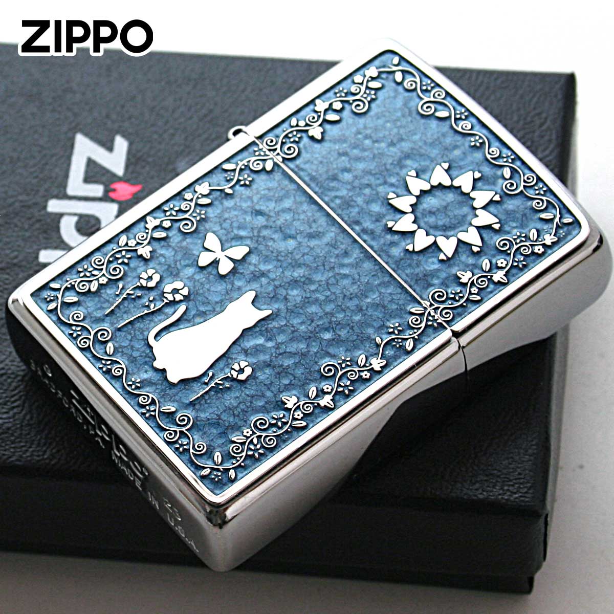 Zippo ジッポー ネコ 猫 Cat ブルー #200 メタルプレート 両面加工 ブラッシュドクローム 2MPP-Cat BL メール便可