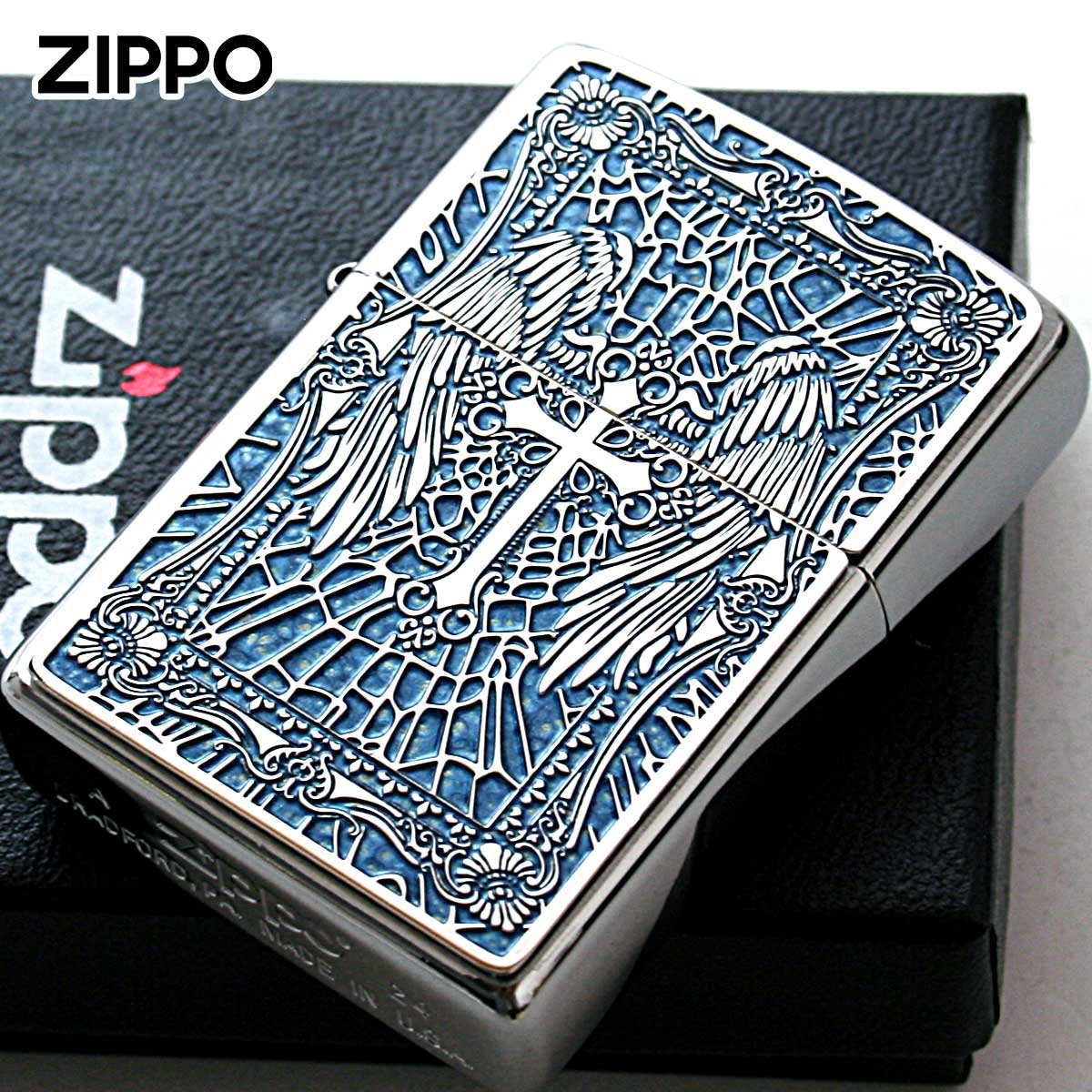Zippo ジッポー クロス Cross 十字架 ブルー #200 メタルプレート 両面加工 ブラッシュドクローム 2MPP-Cross BL メール便可