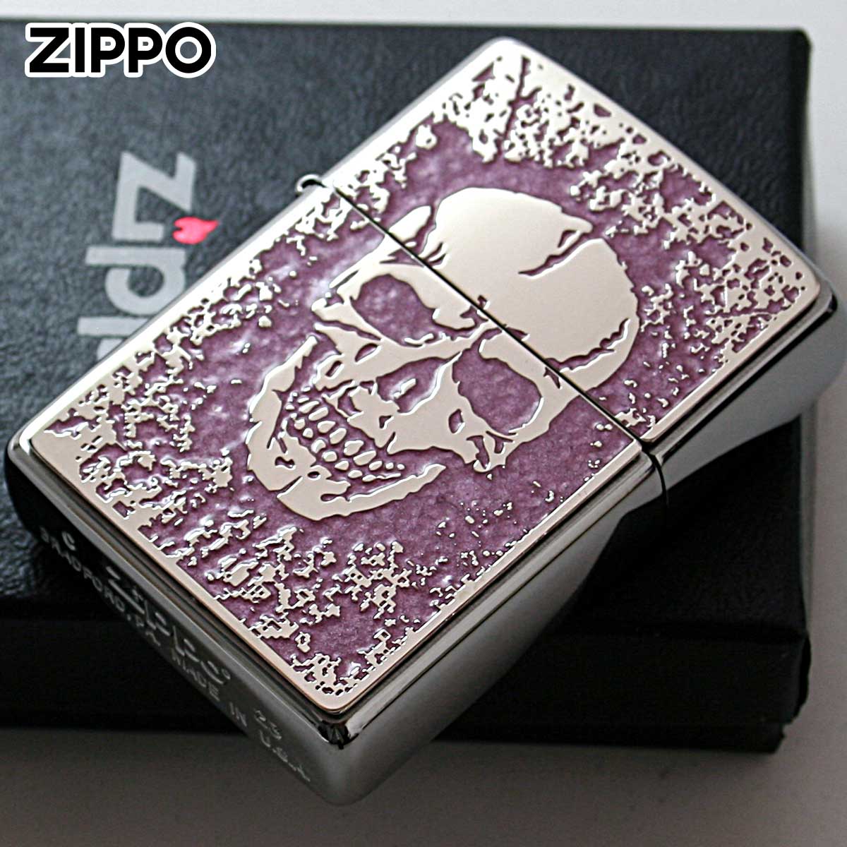 Zippo ジッポー スカル ドクロ 骸骨 Skull ピンク #200 メタルプレート 両面加工 ブラッシュドクローム 2MPP-Skull PK メール便可