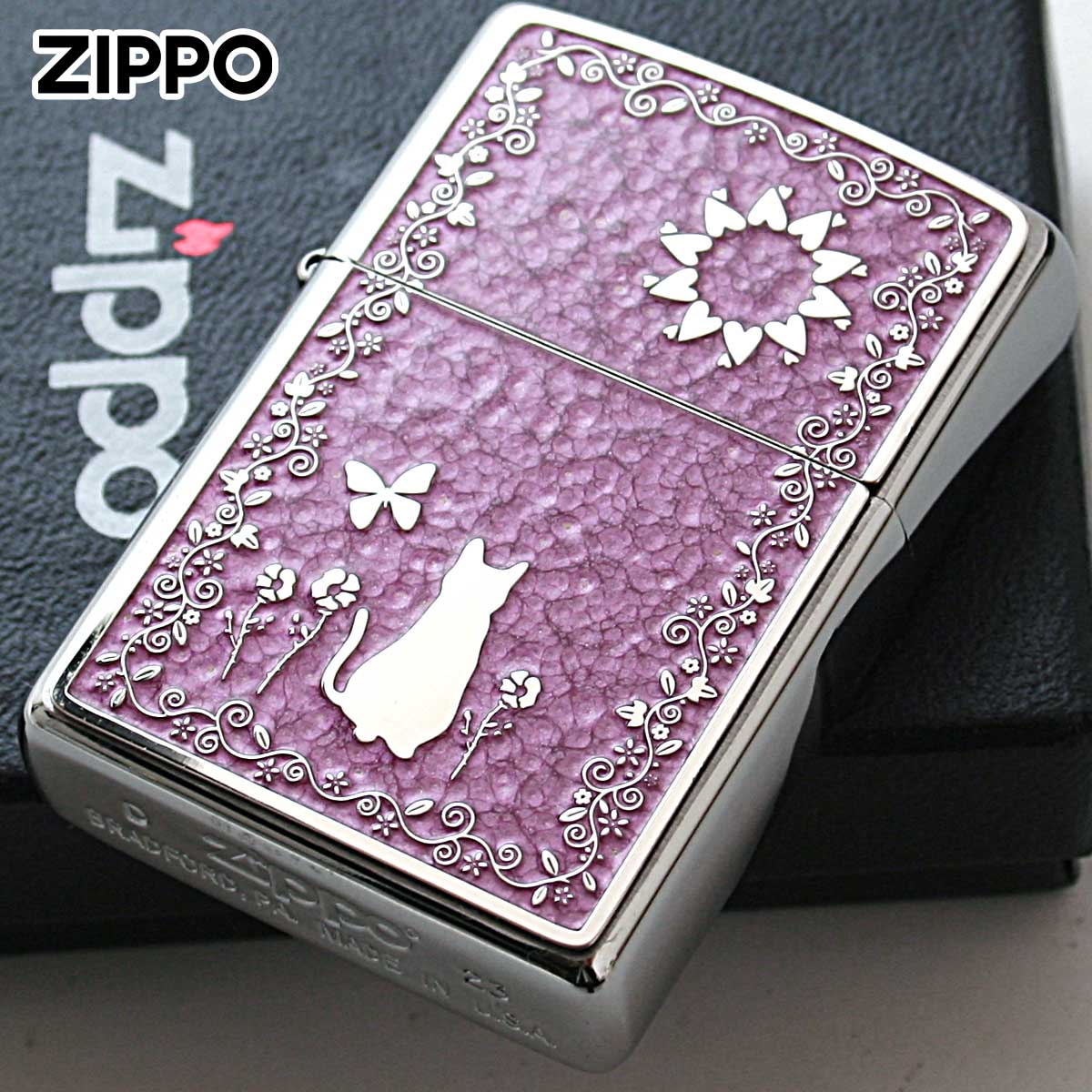 Zippo ジッポー ネコ 猫 Cat ピンク #200 メタルプレート 両面加工 ブラッシュドクローム 2MPP-Cat PK メール便可