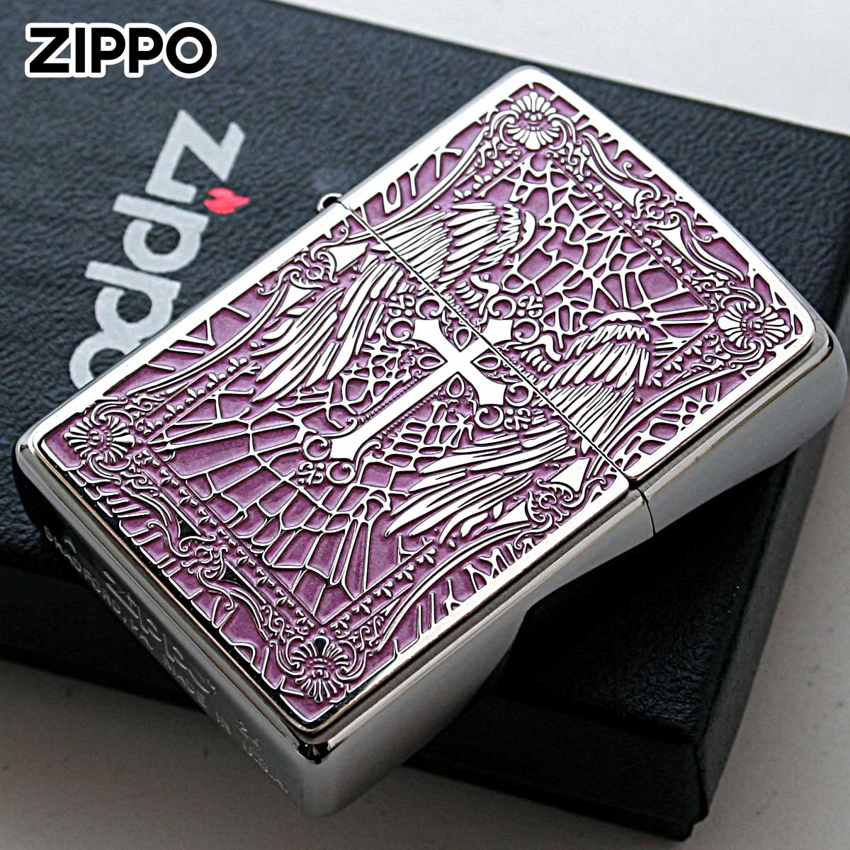 Zippo ジッポー クロス Cross 十字架 ピンク #200 メタルプレート 両面加工 ブラッシュドクローム 2MPP-Cross PK メール便可