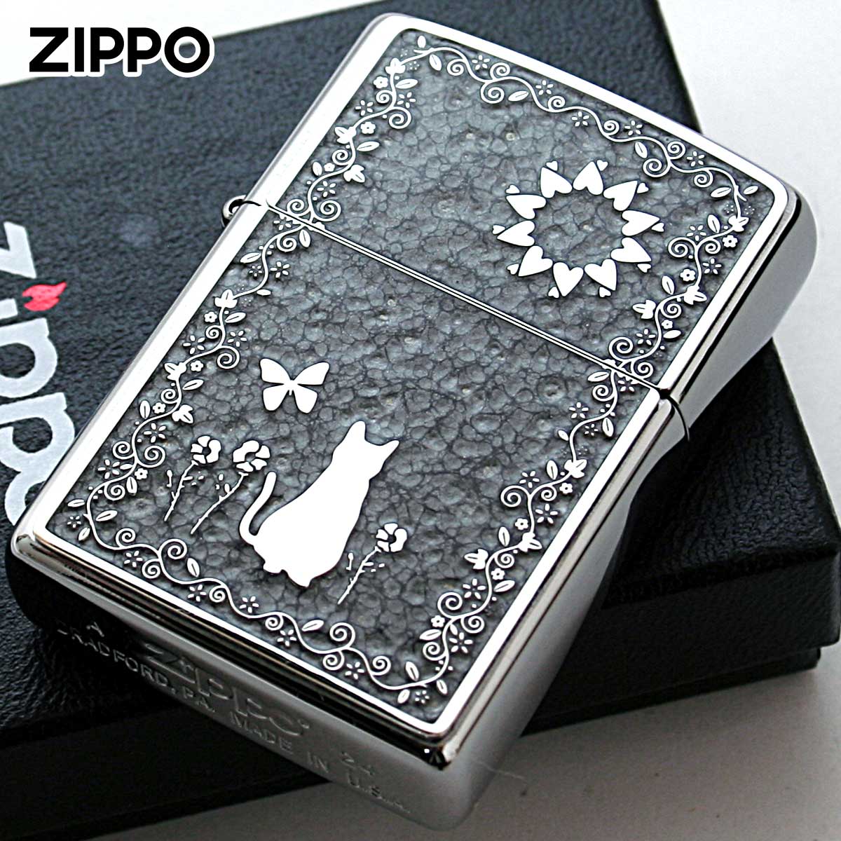 Zippo ジッポー ネコ 猫 Cat グレー #200 メタルプレート 両面加工 ブラッシュドクローム 2MPP-Cat GY メール便可