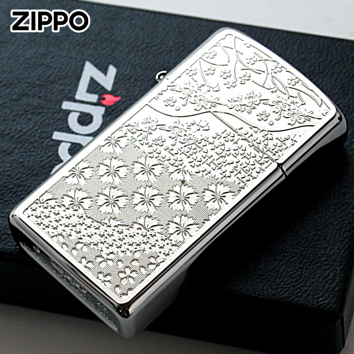 Zippo ジッポー スリム 桜 さくら ＃1600 SLIM メタルプレート ブラッシュドクローム 16MP-桜 メール便可