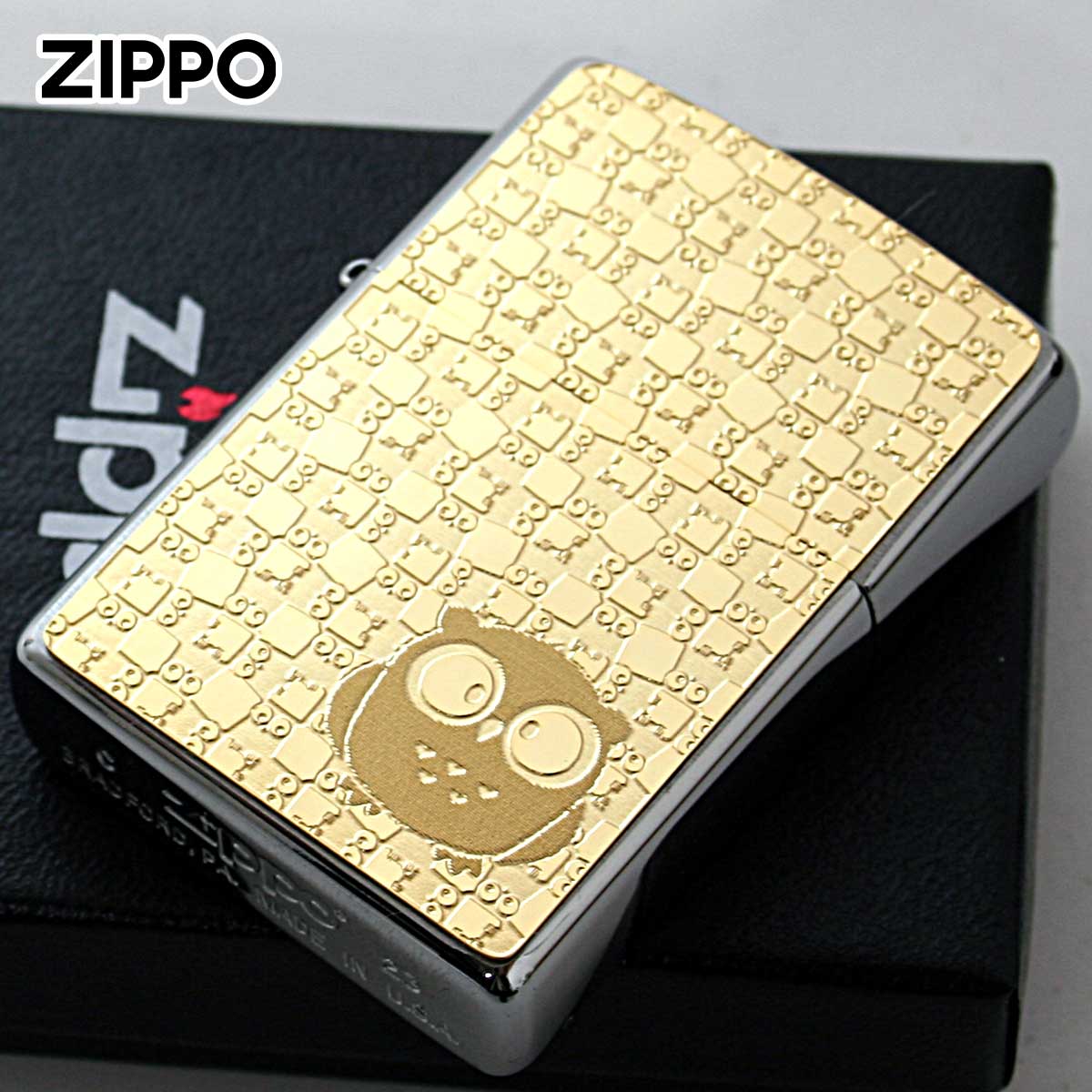 Zippo ジッポー フクロウ ゴールドプレート #200 メタルプレート ブラッシュドクローム 2MP-フクロウ メール便可