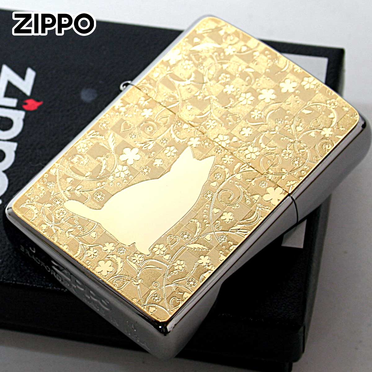 Zippo ジッポー ネコ 猫 Cat 花 ゴールドプレート #200 メタルプレート ブラッシュドクローム 2MP-ネコと花 メール便可