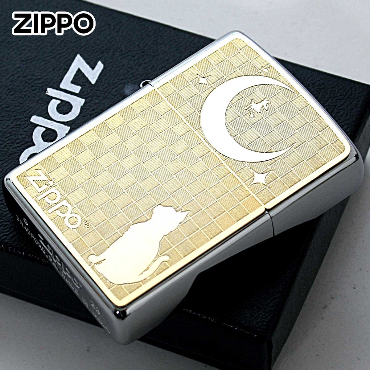 Zippo ジッポー ネコ 猫 Cat 月 ゴールドプレート #200 メタルプレート ブラッシュドクローム 2MP-ネコと月 メール便可
