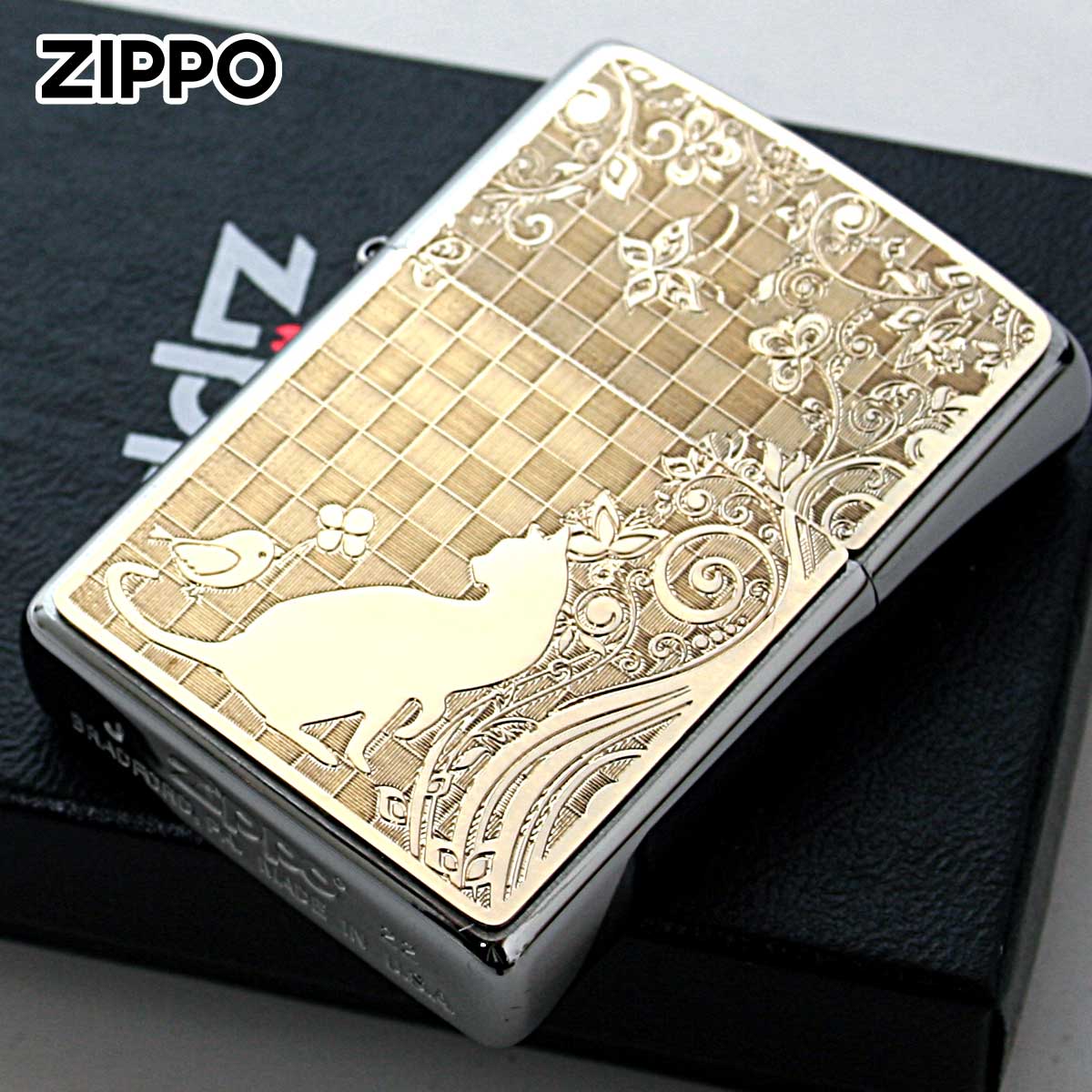Zippo ジッポー ネコ 猫 Cat 小鳥 ゴールドプレート #200 メタルプレート ブラッシュドクローム 2MP-ネコと小鳥 メール便可