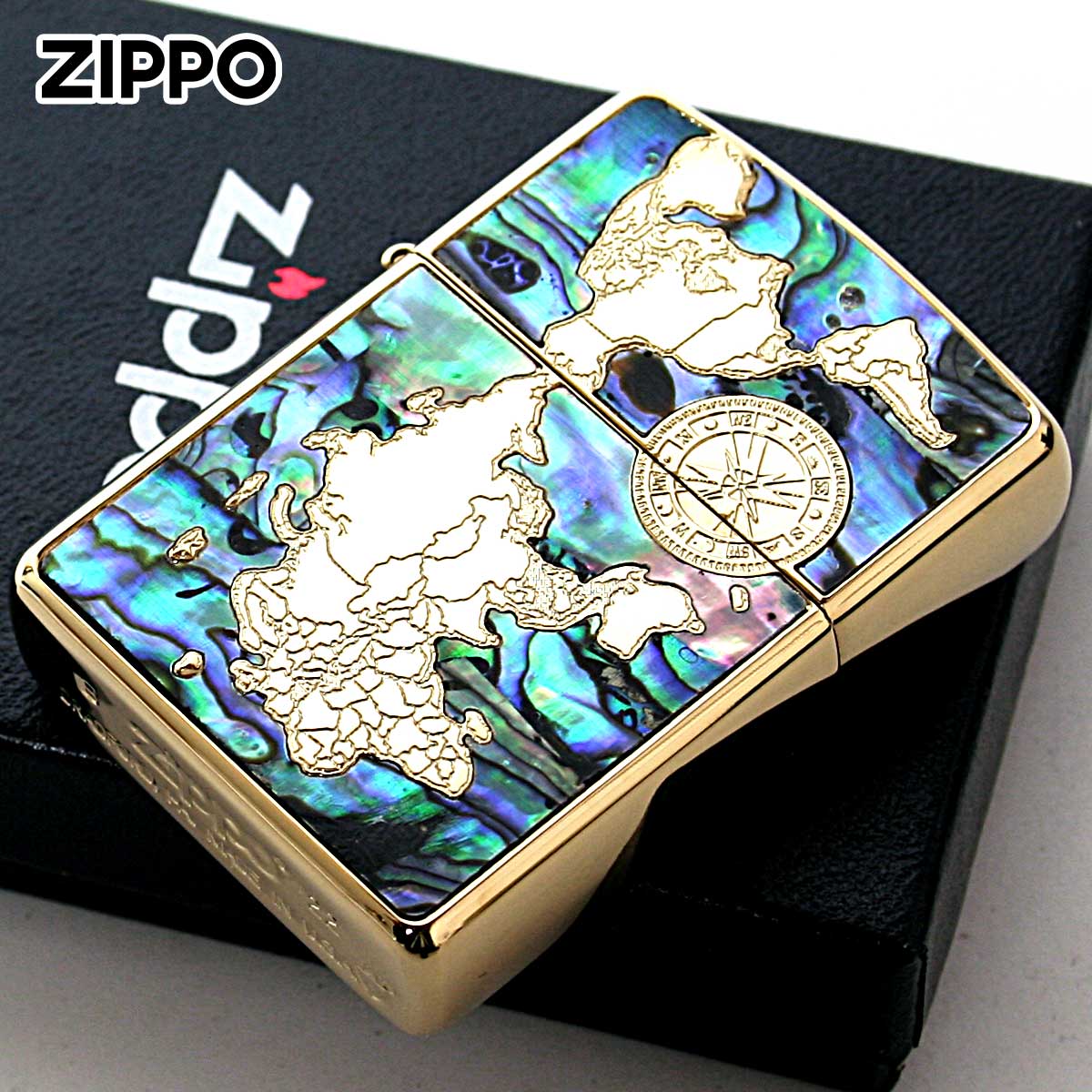 Zippo ジッポー シェル 貝 インレイ 象嵌 ワールドマップ 銀メッキワールドマップ Shell World Map Gold Plate G