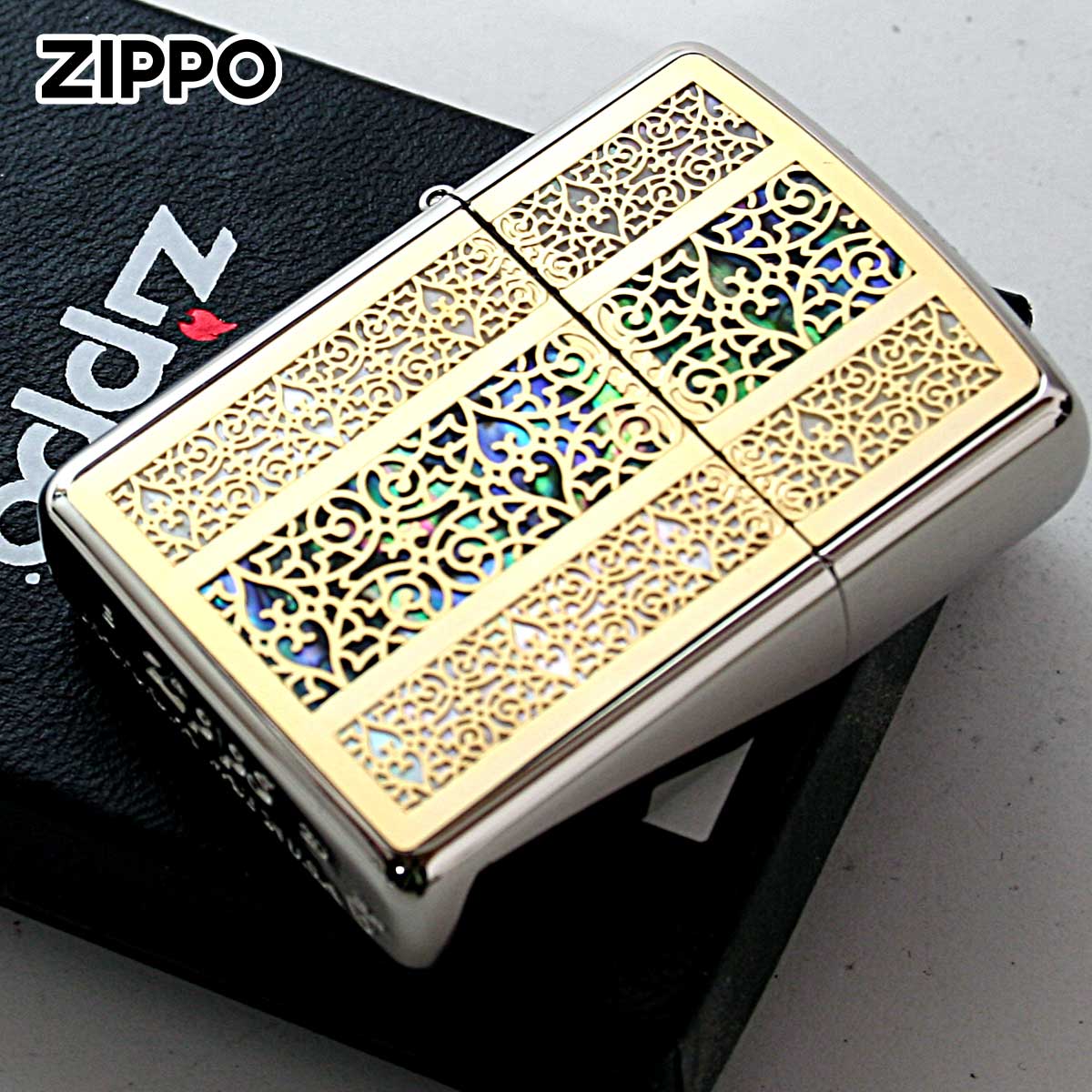 Zippo ジッポー アーマー シェル 貝 インレイ 象嵌 アラベスク 唐草 コンビシェル ホワイトニッケル ゴールドメタル Combi Shell A GF アラベスク