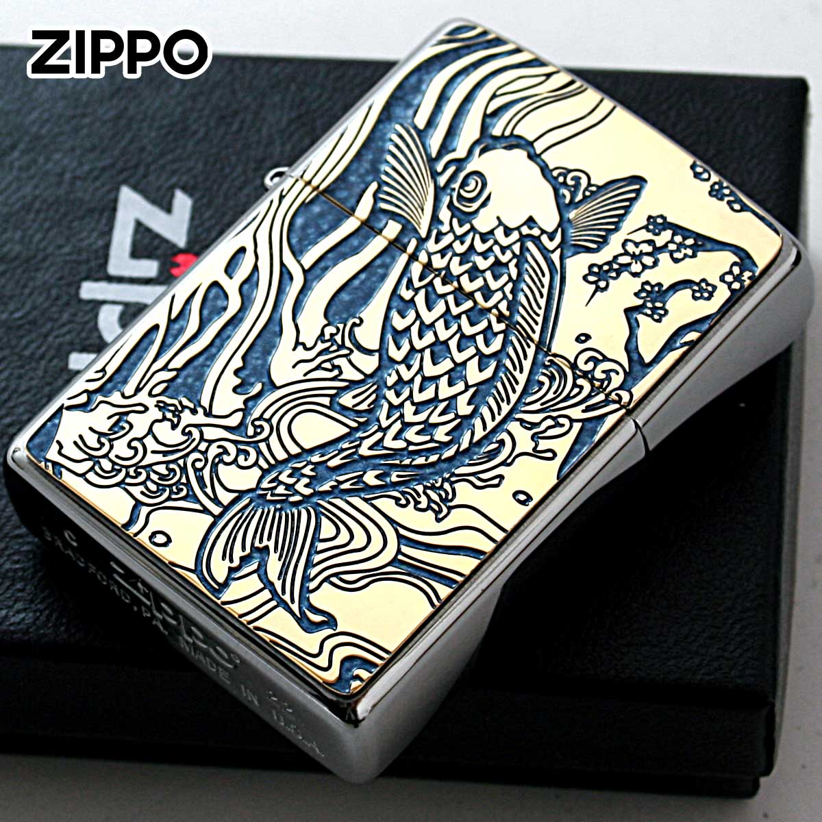 Zippo ジッポー 鯉 カープ ブルー #200 ゴールドプレート 両面加工 ブラッシュドクローム 2MPP-Carp BL GP