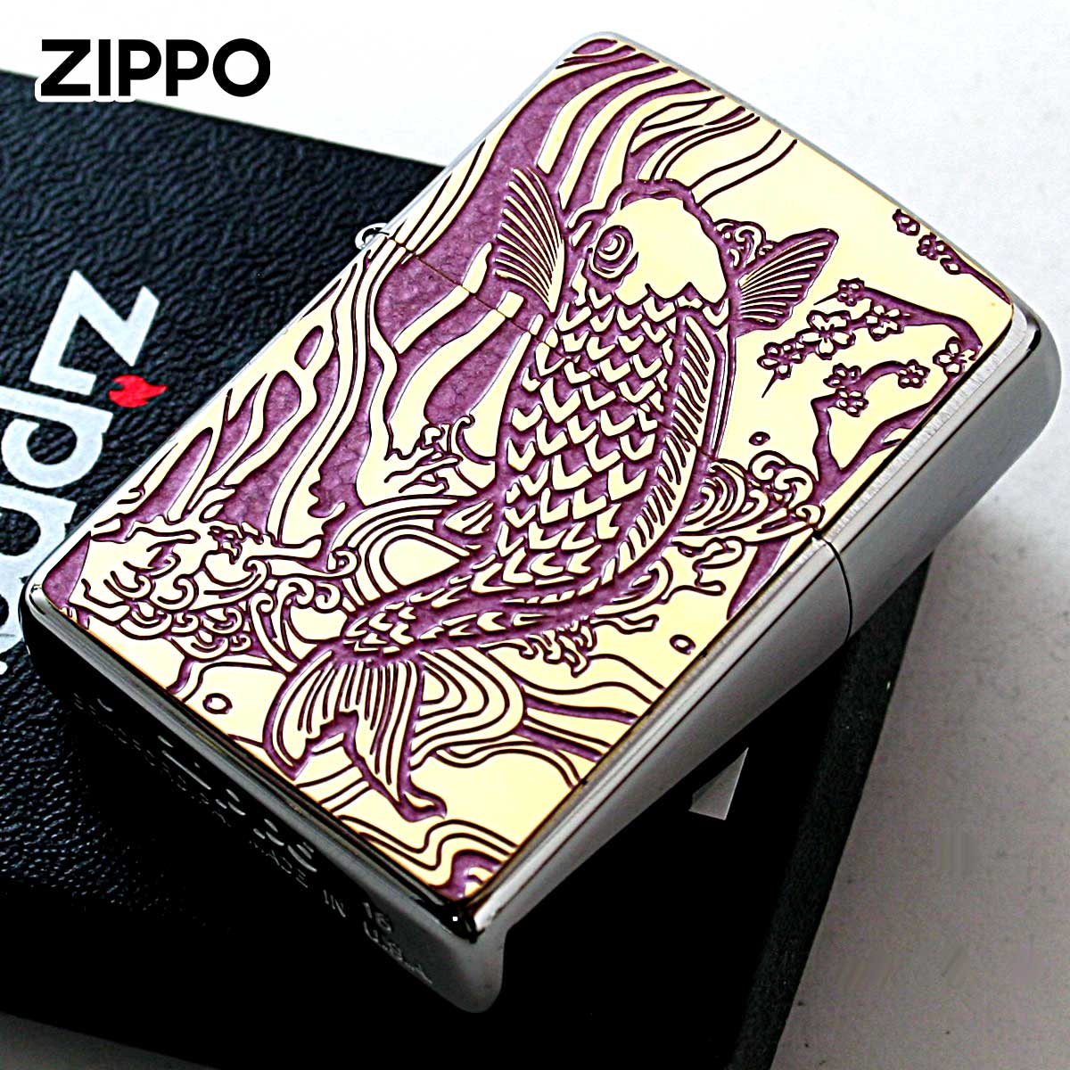 Zippo ジッポー 鯉 カープ ピンク #200 ゴールドプレート 両面加工 ブラッシュドクローム 2MPP-Carp PK GP