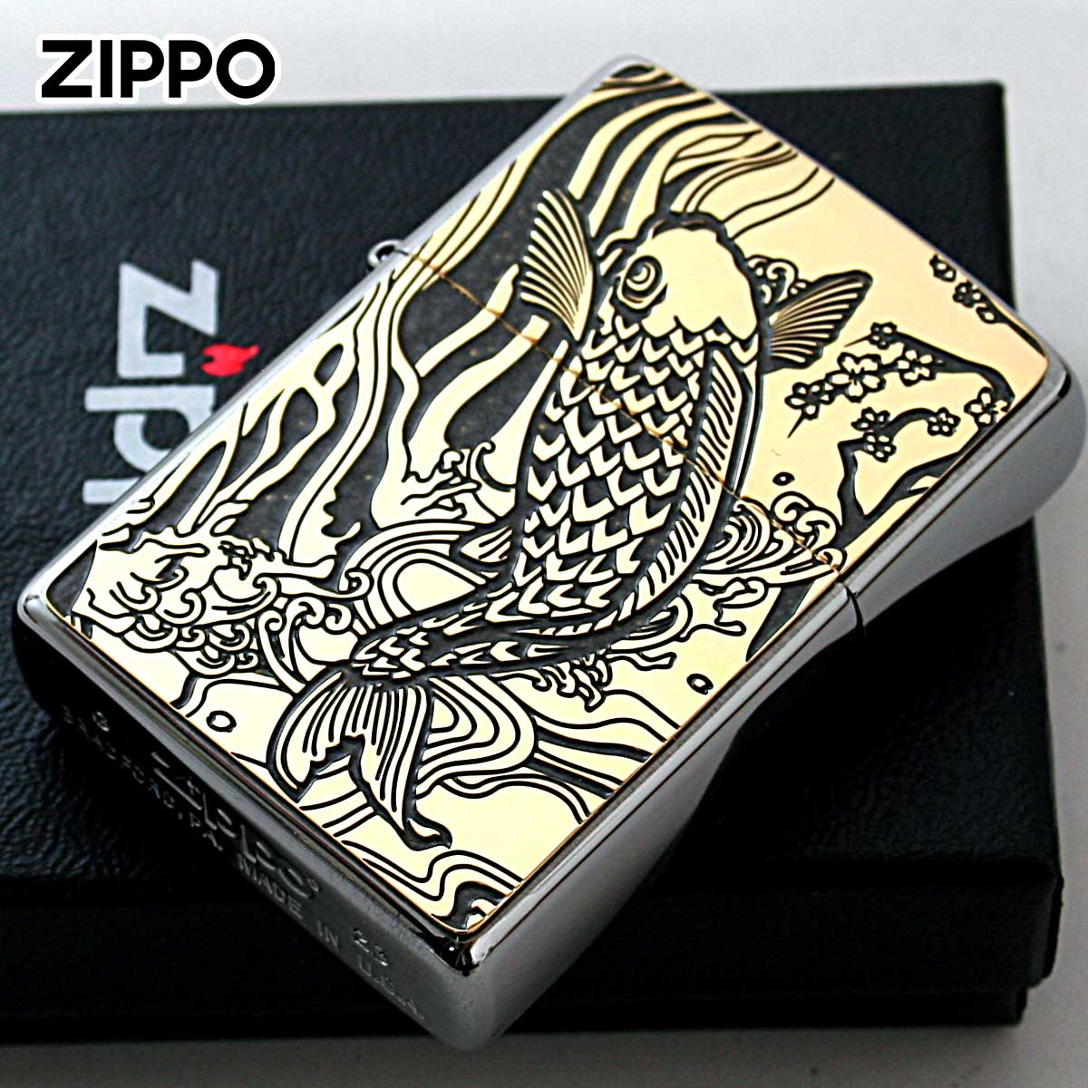 Zippo ジッポー 鯉 カープ グレー #200 ゴールドプレート 両面加工 ブラッシュドクローム 2MPP-Carp GY GP