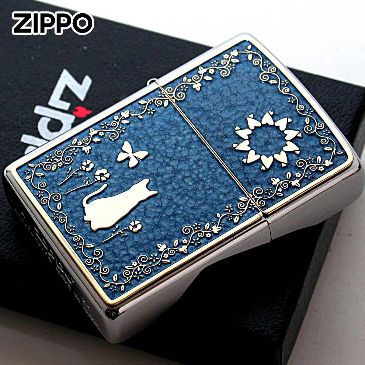 Zippo ジッポー ネコ 猫 Cat ブルー #200 ゴールドプレート 両面加工 ブラッシュドクローム 2MPP-Cat BL GP