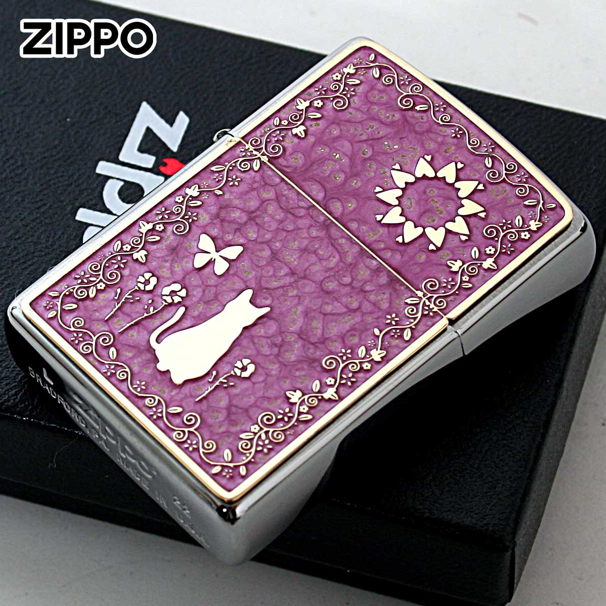Zippo ジッポー ネコ 猫 Cat ピンク #200 ゴールドプレート 両面加工 ブラッシュドクローム 2MPP-Cat PK GP