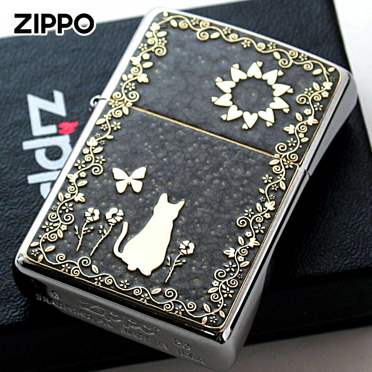 Zippo ジッポー ネコ 猫 Cat グレー #200 ゴールドプレート 両面加工 ブラッシュドクローム 2MPP-Cat GY GP