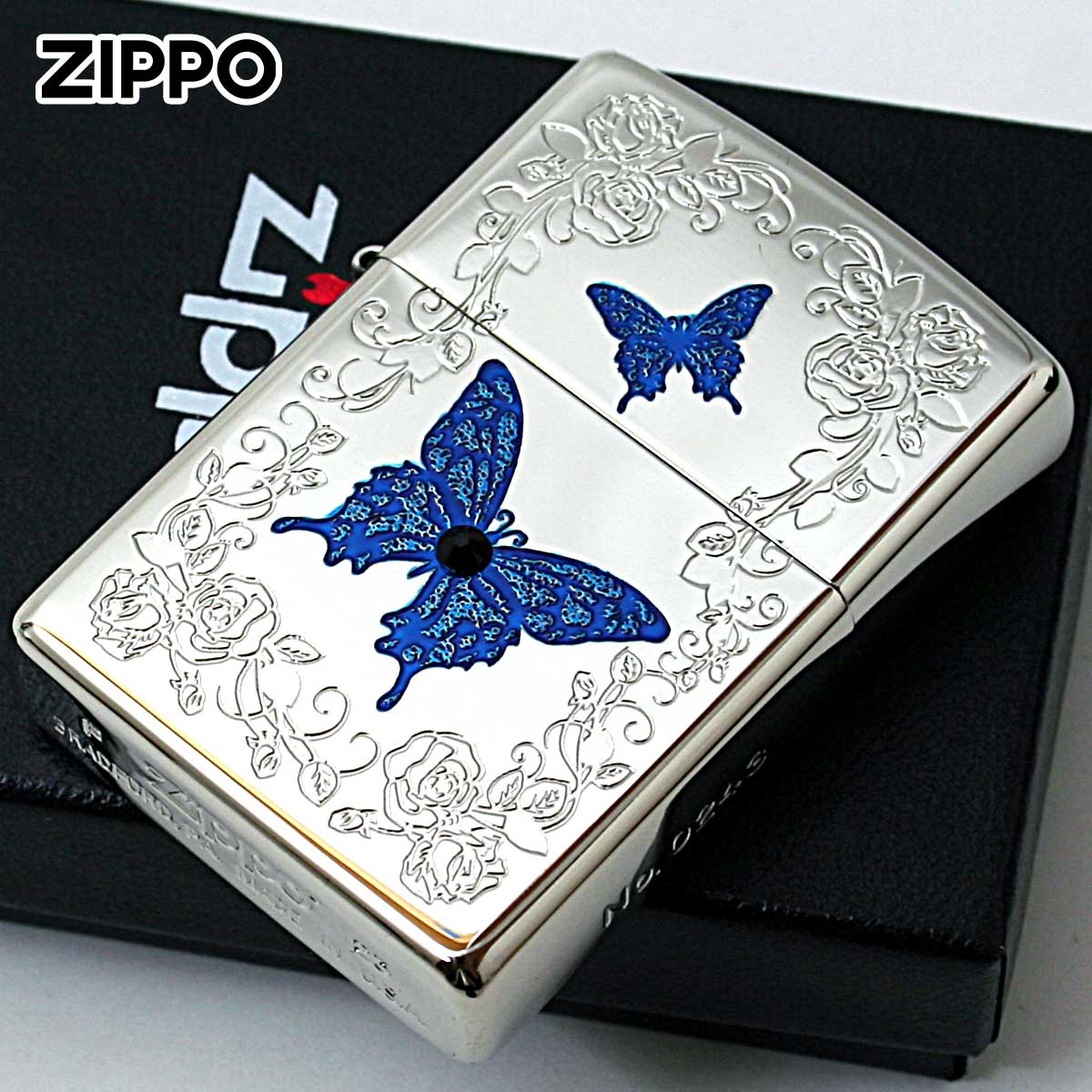 Zippo ジッポー 蝶々 バタフライ ブルー ホワイトニッケル Blue Butterfly White Nickel シリアル番号 White Nickel