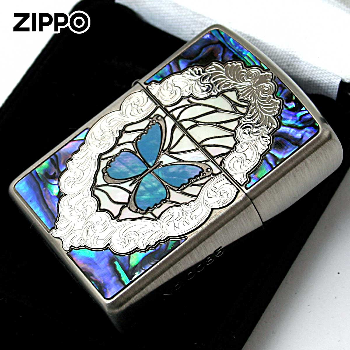 Zippo ジッポー アーマー シェル 蝶々 バタフライ ブルー ARMOR Butterfly and Rose Antique Nickel シリアル番号 BL