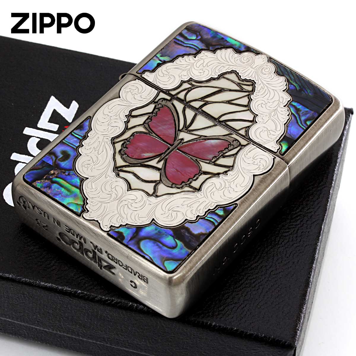Zippo ジッポー アーマー シェル 蝶々 バタフライ レッド ARMOR Butterfly and Rose Antique Nickel シリアル番号 RD