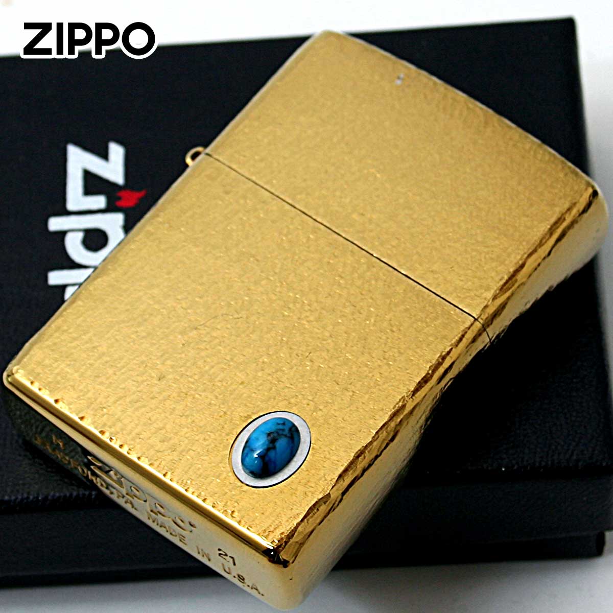 Zippo ジッポー ターコイズ 天然石 ハンマートーン チタニュームコーティング ゴールド TITANIUM COATING Hammer Tone Turquoise Gold HT-G メール便可