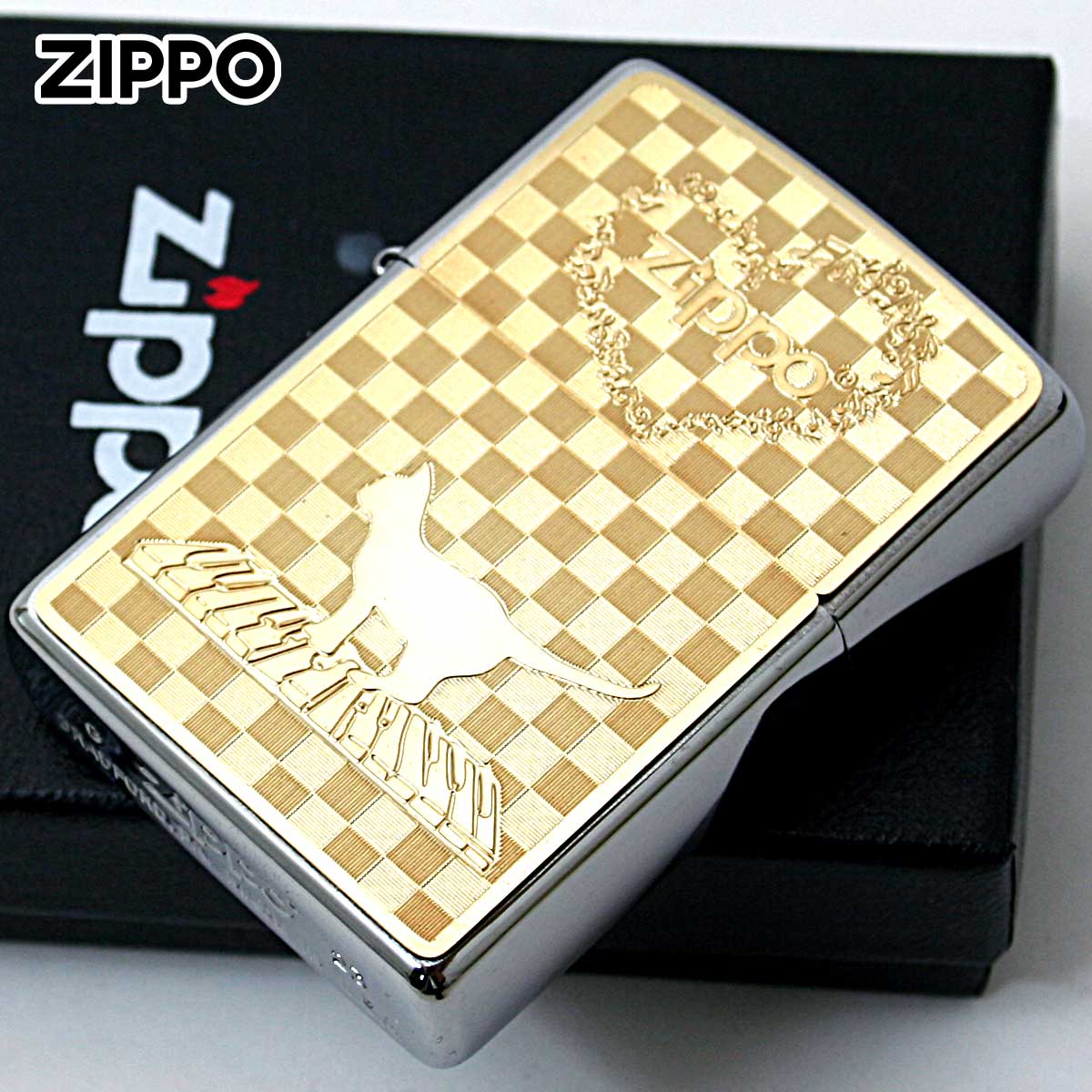 Zippo ジッポー ネコ 猫 Cat 音符 #200 ゴールドプレート ブラッシュドクローム 2MP-ネコと音符 GP メール便可