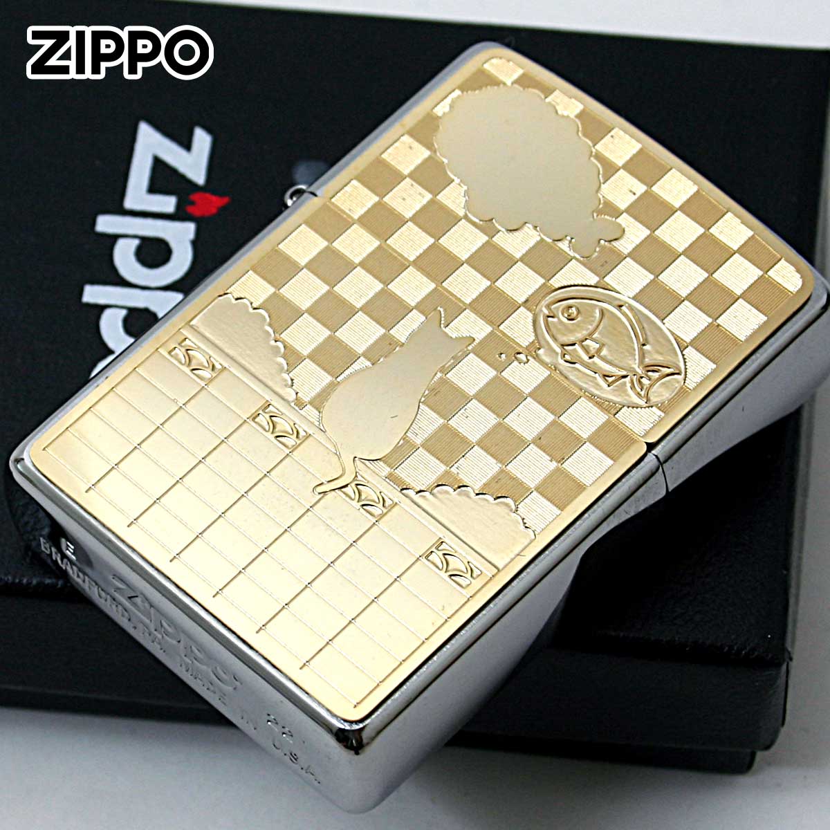 Zippo ジッポー ネコ 猫 Cat 雲 #200 ゴールドプレート ブラッシュドクローム 2MP-ネコと雲 GP メール便可
