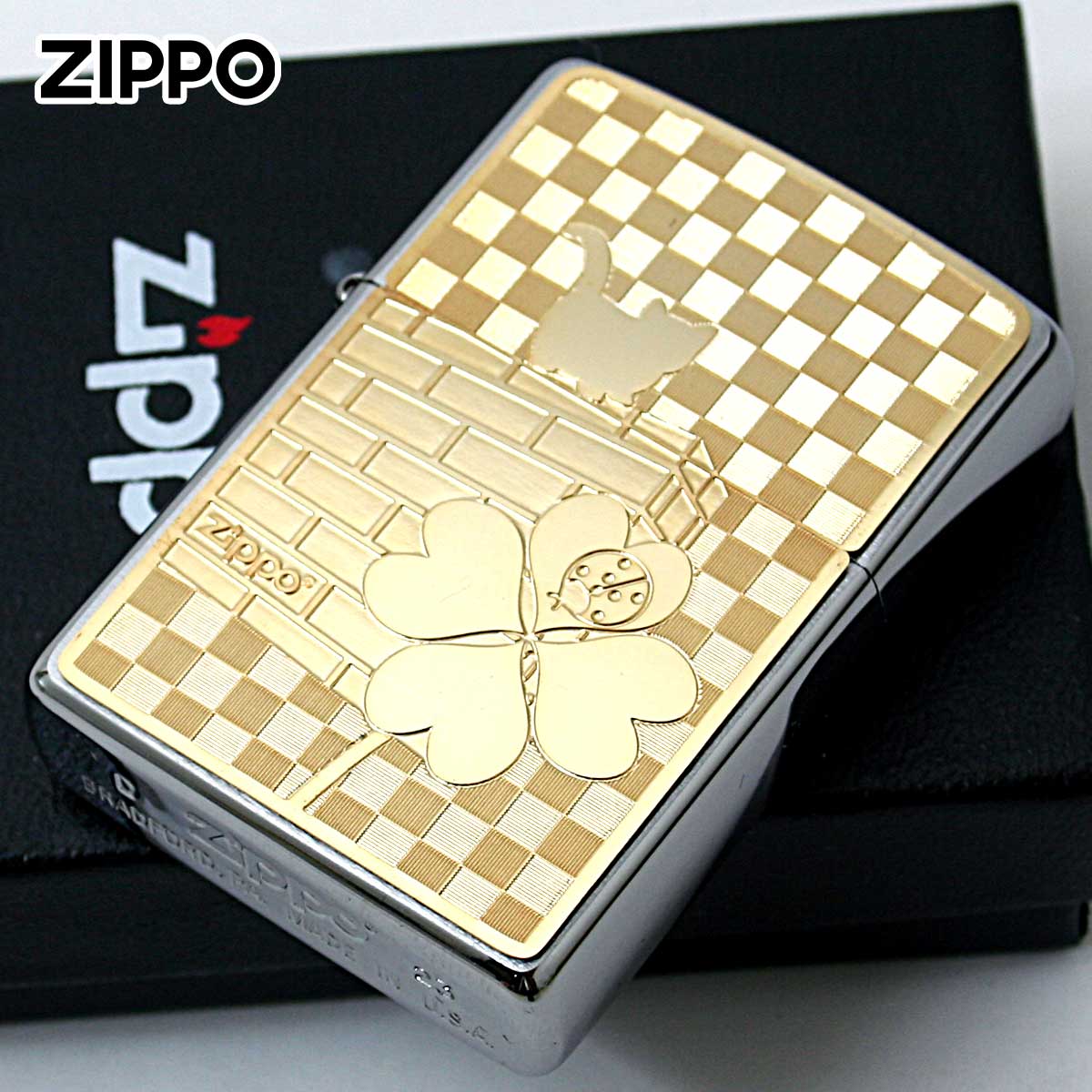 Zippo ジッポー ネコ 猫 Cat 天道虫 #200 ゴールドプレート ブラッシュドクローム 2MP-ネコと天道虫 GP メール便可