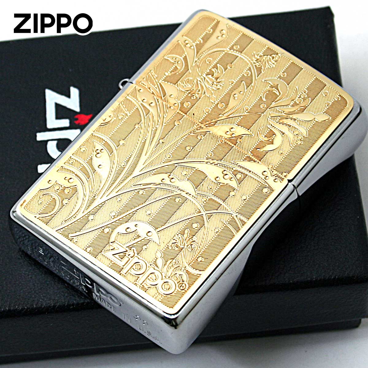 Zippo ジッポー アラベスク 唐草  #200 ゴールドプレート ブラッシュドクローム 2MP-アラベスクA GP メール便可