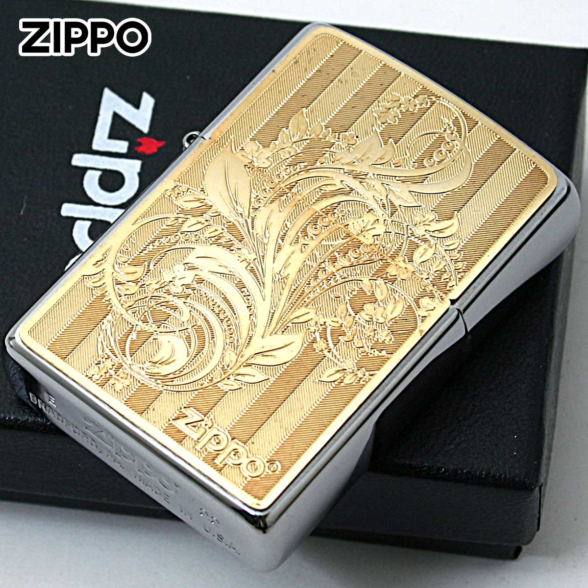 Zippo ジッポー アラベスク 唐草 #200 ゴールドプレート ブラッシュドクローム 2MP-アラベスクB GP メール便可