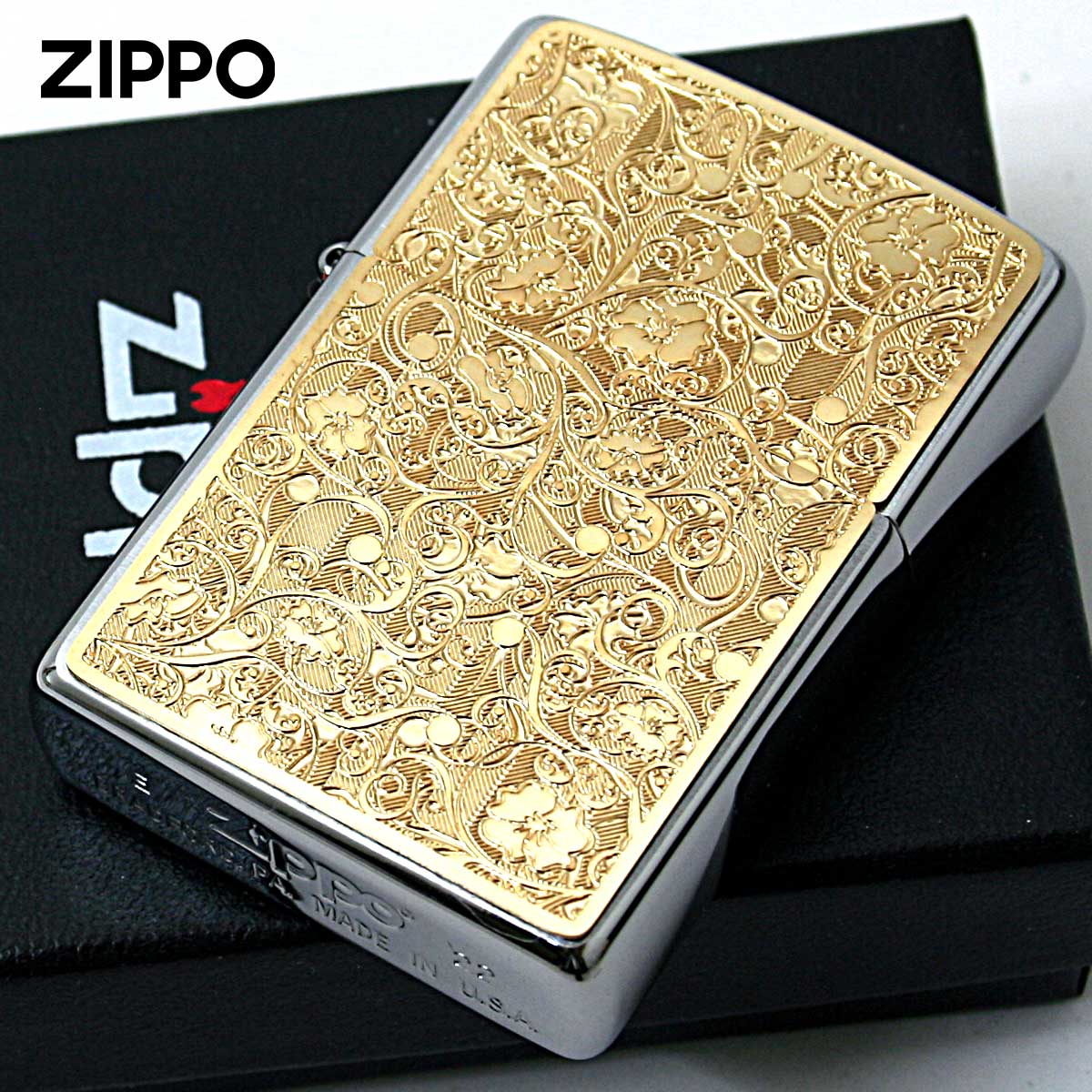 Zippo ジッポー アラベスク 唐草 #200 ゴールドプレート ブラッシュドクローム 2MP-アラベスクC GP メール便可