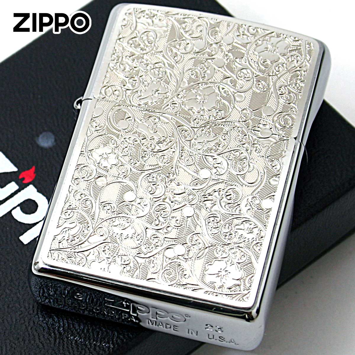Zippo ジッポー アラベスク 唐草 #200 メタルプレート ブラッシュドクローム 2MP-アラベスクC SV メール便可