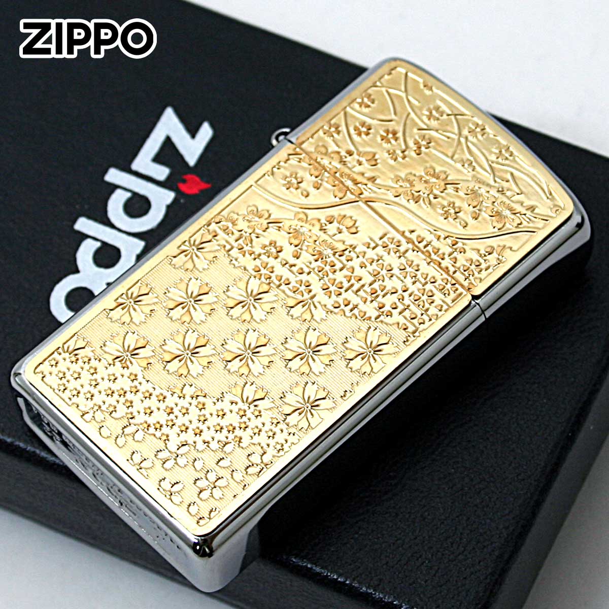 Zippo ジッポー スリム 桜 さくら SLIM #1600 ゴールドプレート ブラッシュドクローム 16MP-桜 GP メール便可