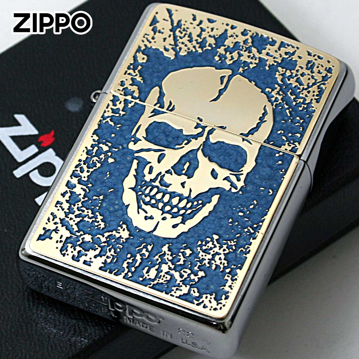 Zippo ジッポー スカル ドクロ 骸骨 Skull ブルー #200 ゴールドプレート 両面加工 ブラッシュドクローム 2MPP-Skull BL GP