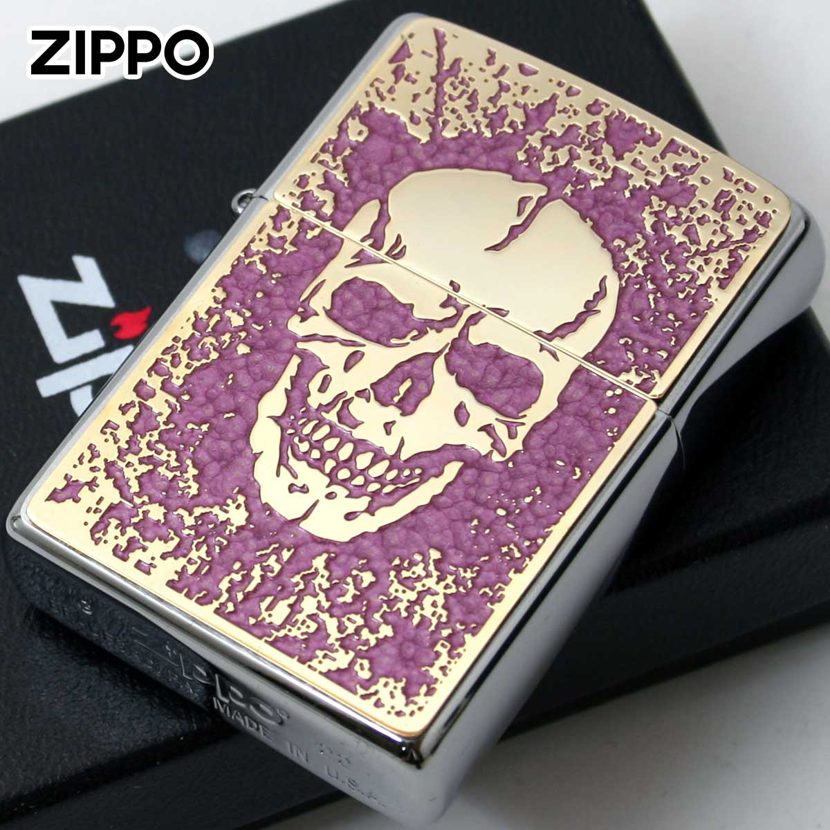 Zippo ジッポー スカル ドクロ 骸骨 Skull ピンク #200 ゴールドプレート 両面加工 ブラッシュドクローム 2MPP-Skull PK GP