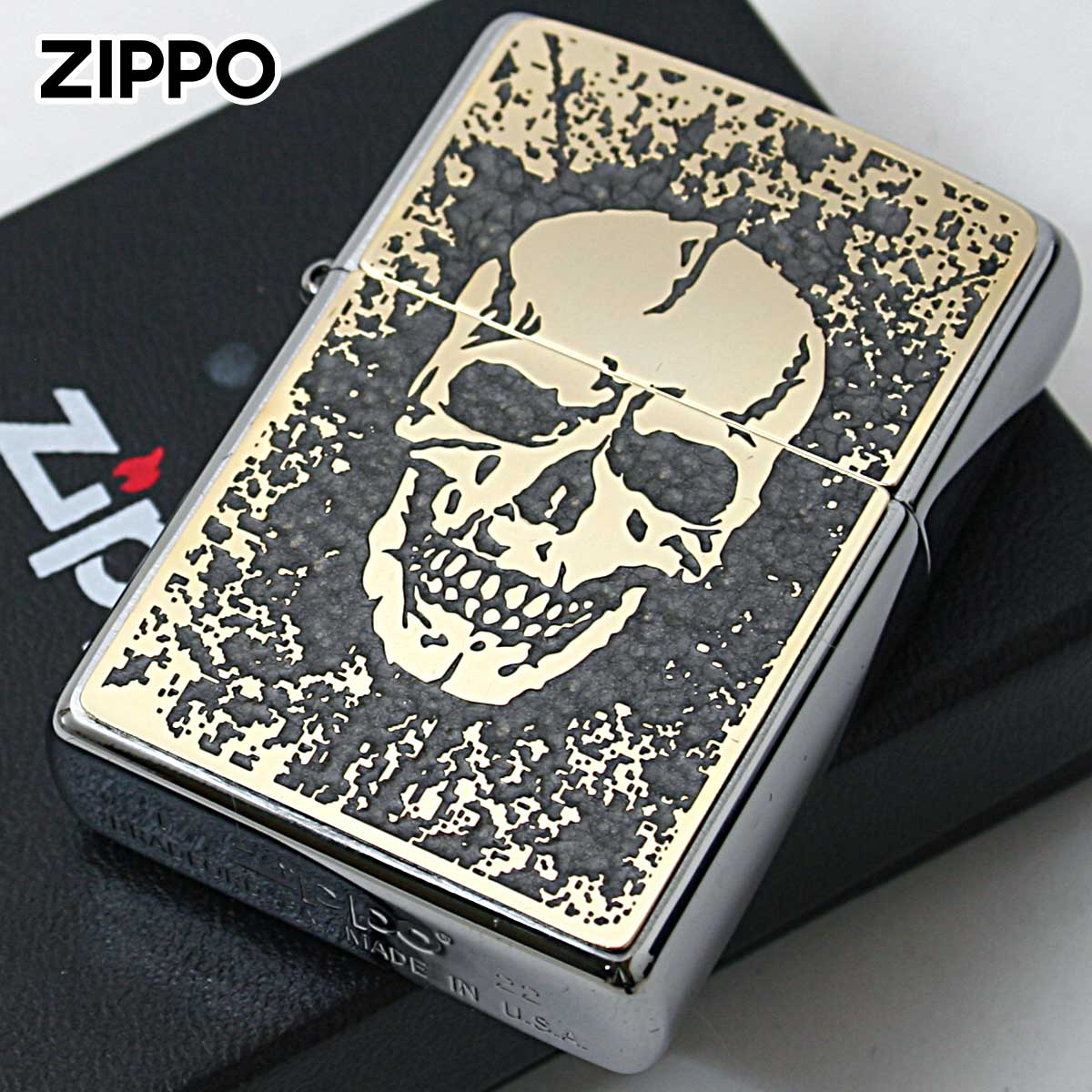Zippo ジッポー スカル ドクロ 骸骨 Skull グレー #200 ゴールドプレート 両面加工 ブラッシュドクローム 2MPP-Skull GY GP