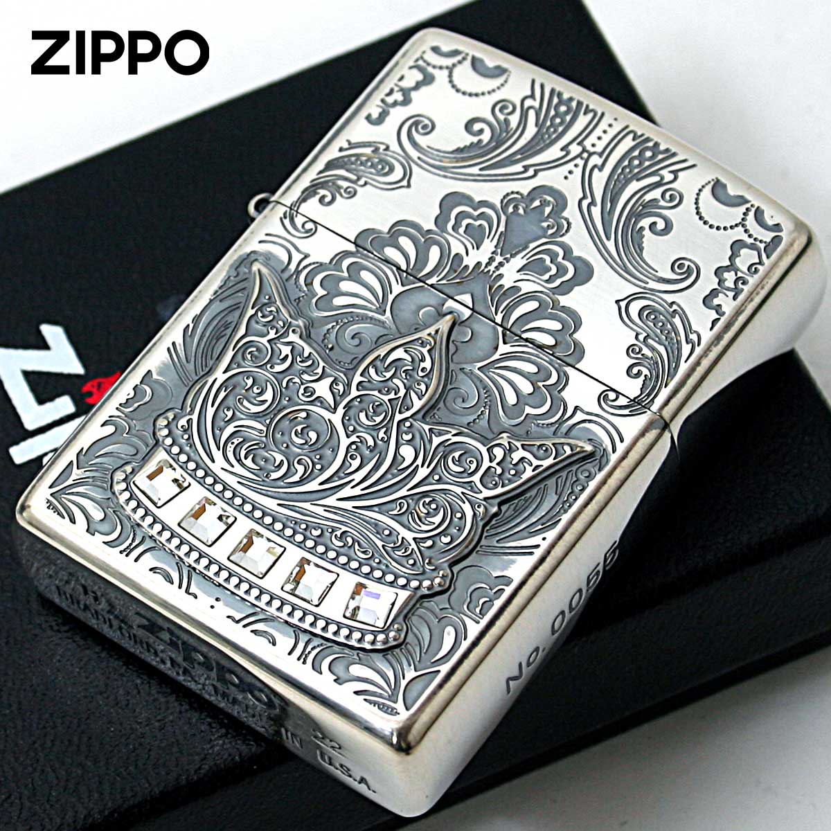 Zippo ジッポー 王冠 クラウン メタル ラインストーン シルバーいぶし The Crown Silver Oxidized シリアル番号 B
