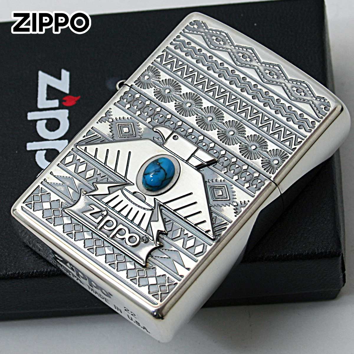 Zippo ジッポー ネイティブアメリカン サンダーバード シルバーいぶし ブルー Thunderbird BL Silver Oxidized
