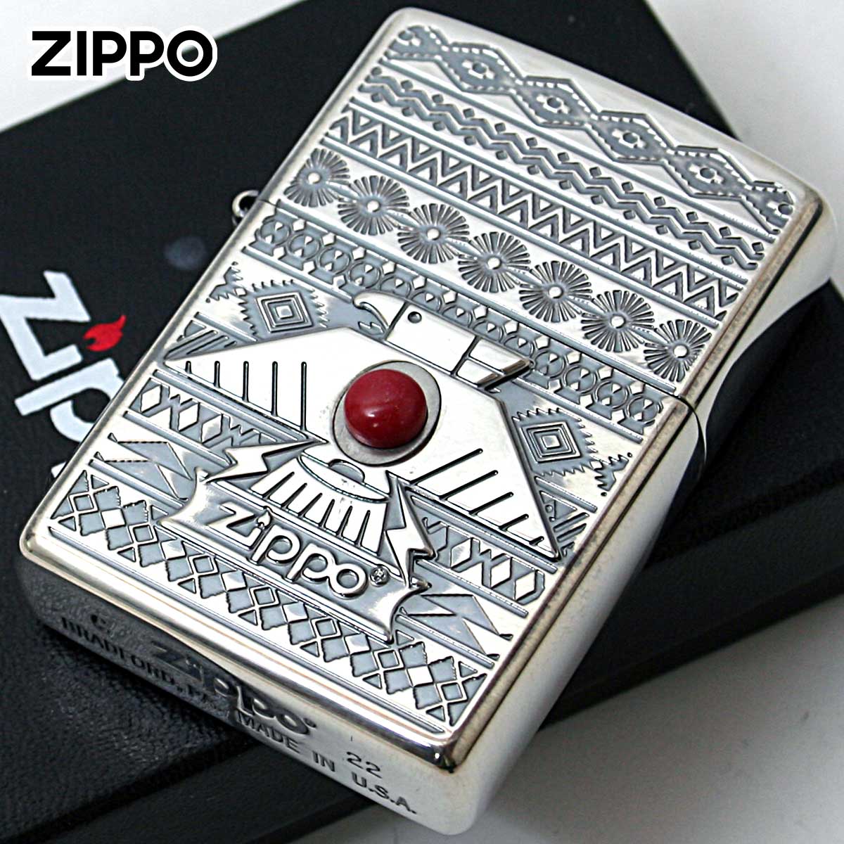 Zippo ジッポー ネイティブアメリカン サンダーバード シルバーいぶし レッド Thunderbird RD Silver Oxidized